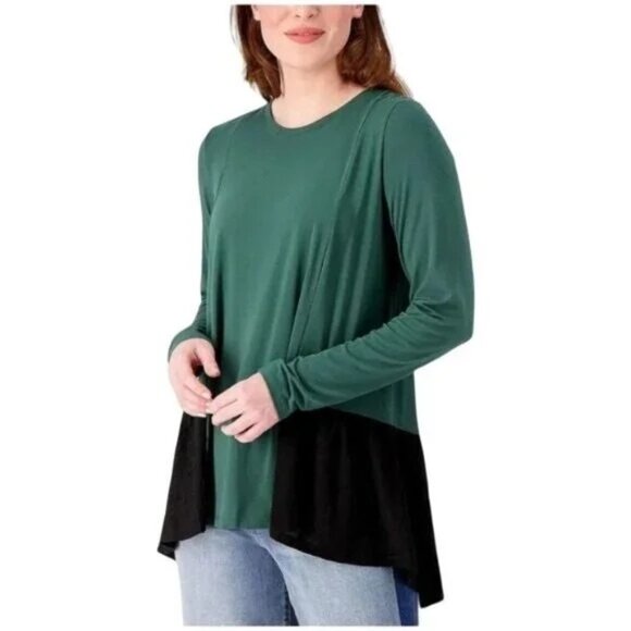 LOGO by Lori Goldstein Rayon 230 Layered Top Jacquard Hem XXS Bistro Green NEW - Picture 1 of 6